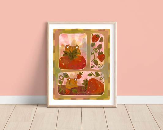 Frog finds a Giant Strawberry 10 x 8" Art Print